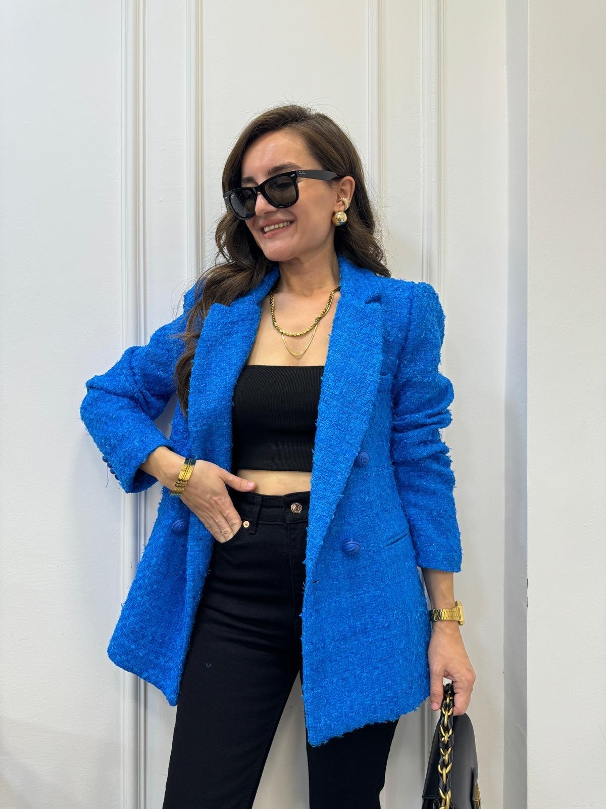 Mavi Simli Cep Detaylı Tüvit Blazer Ceket 02067