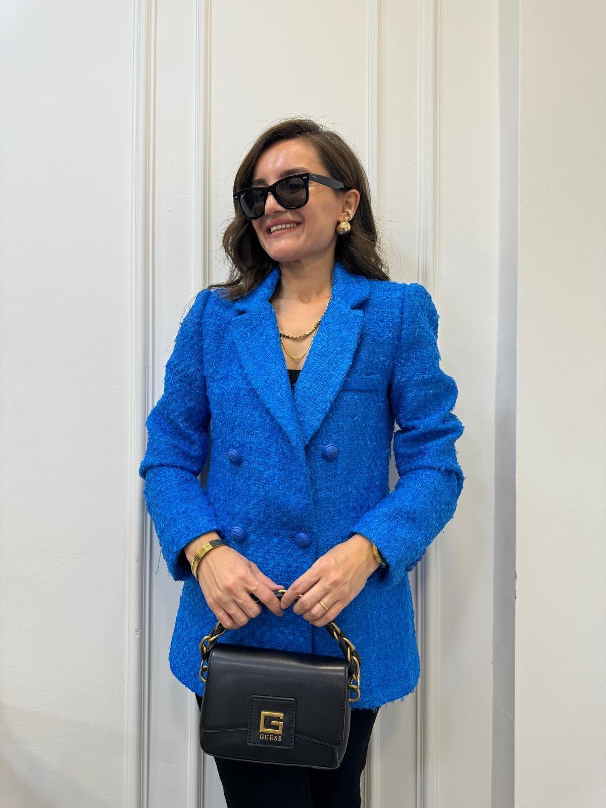 Mavi Simli Cep Detaylı Tüvit Blazer Ceket 02067