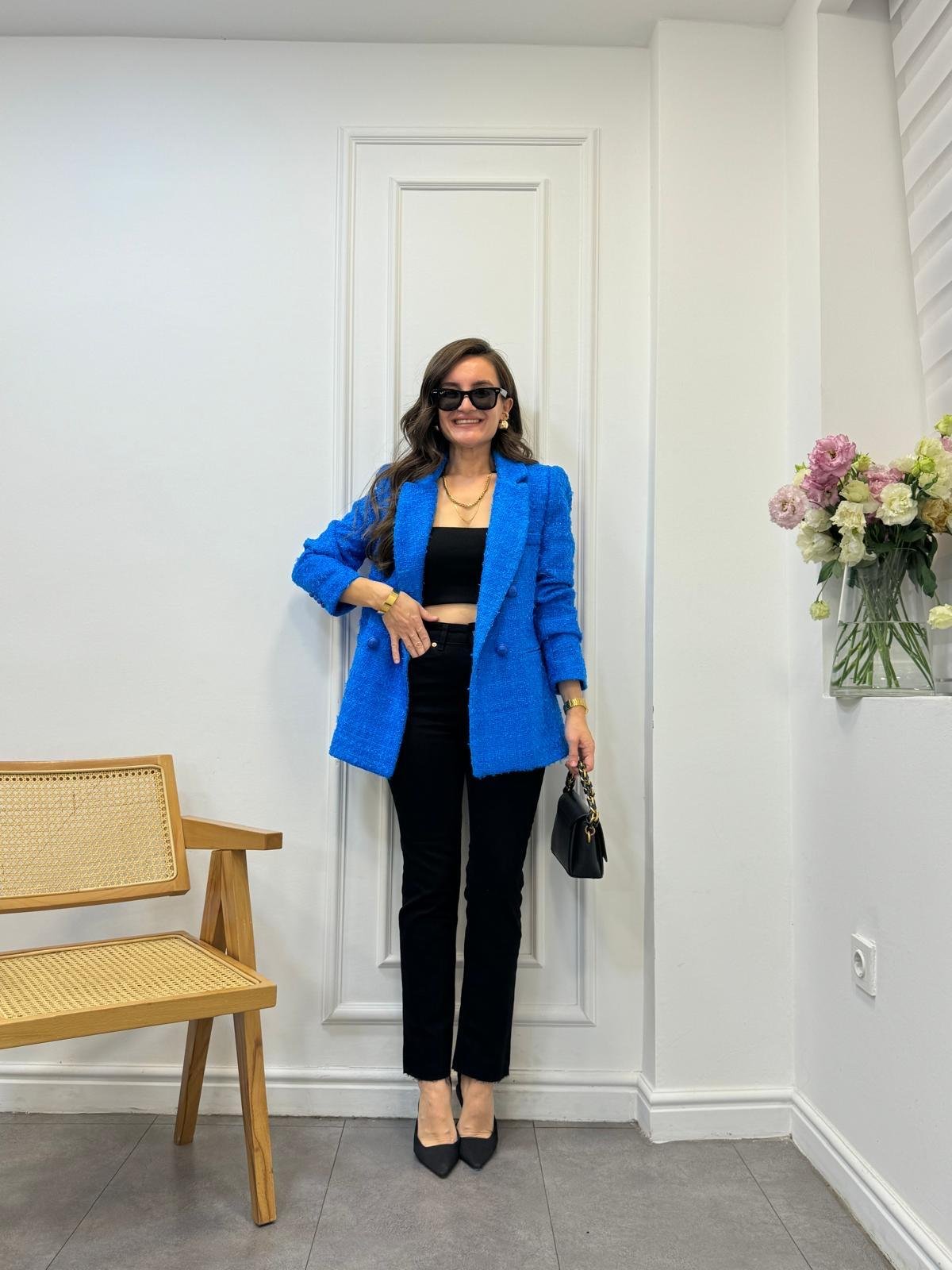 Mavi Simli Cep Detaylı Tüvit Blazer Ceket 02067