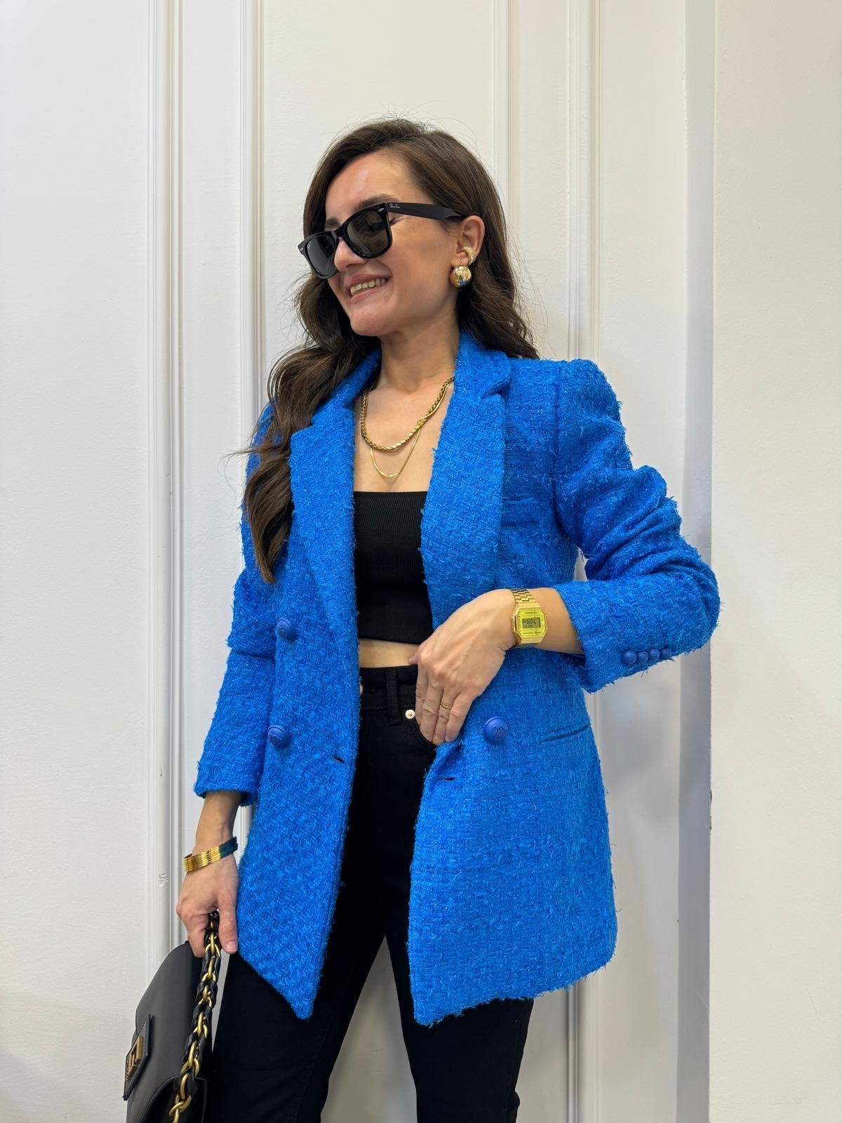 Mavi Simli Cep Detaylı Tüvit Blazer Ceket 02067