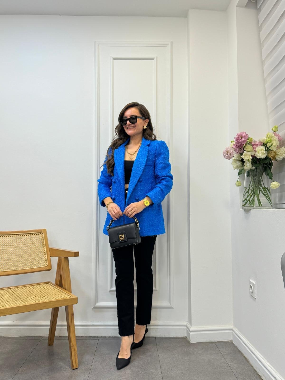 Mavi Simli Cep Detaylı Tüvit Blazer Ceket 02067