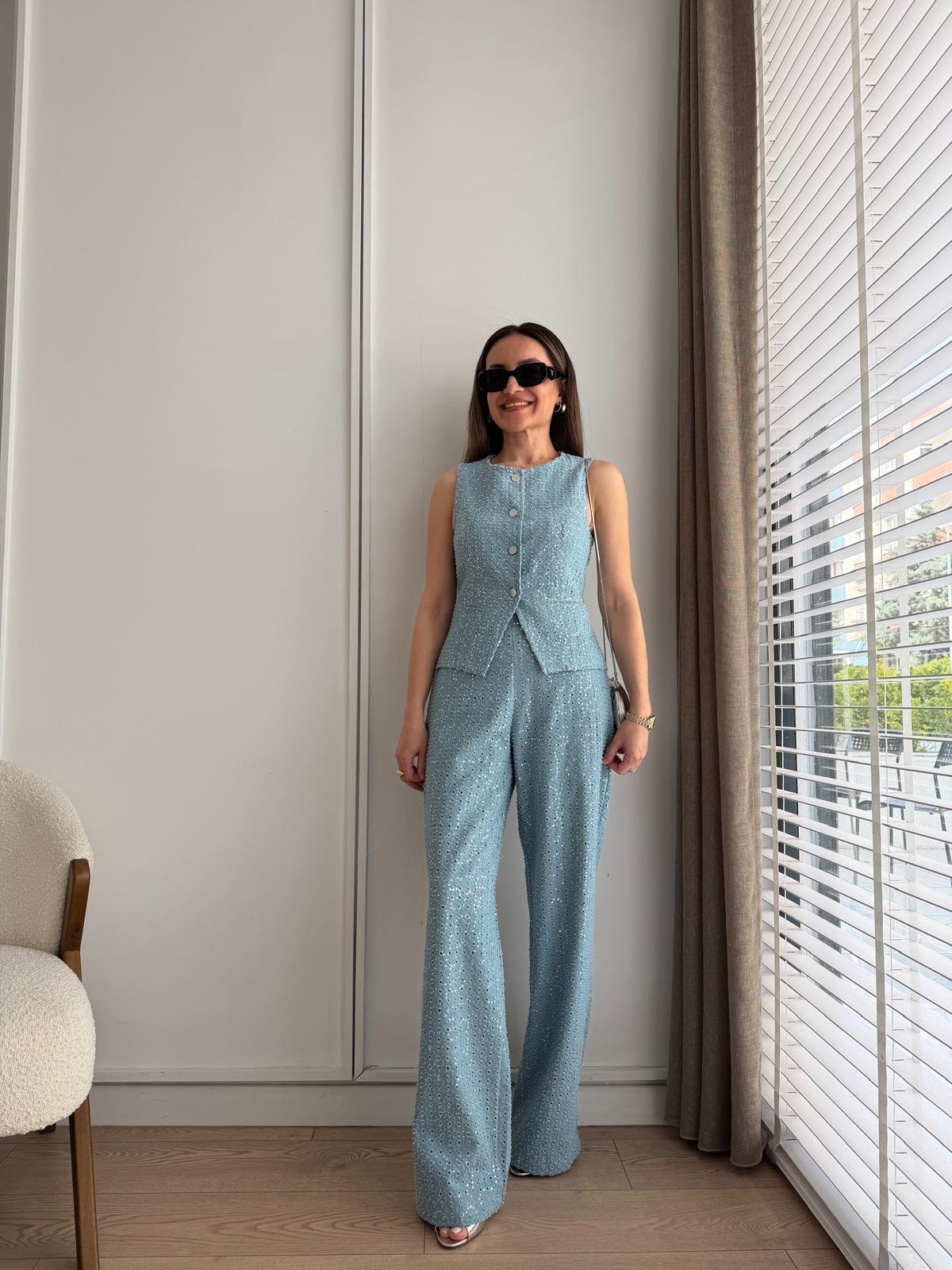 Mavi Tasarım Pullu Premium Yelek Takım 83922