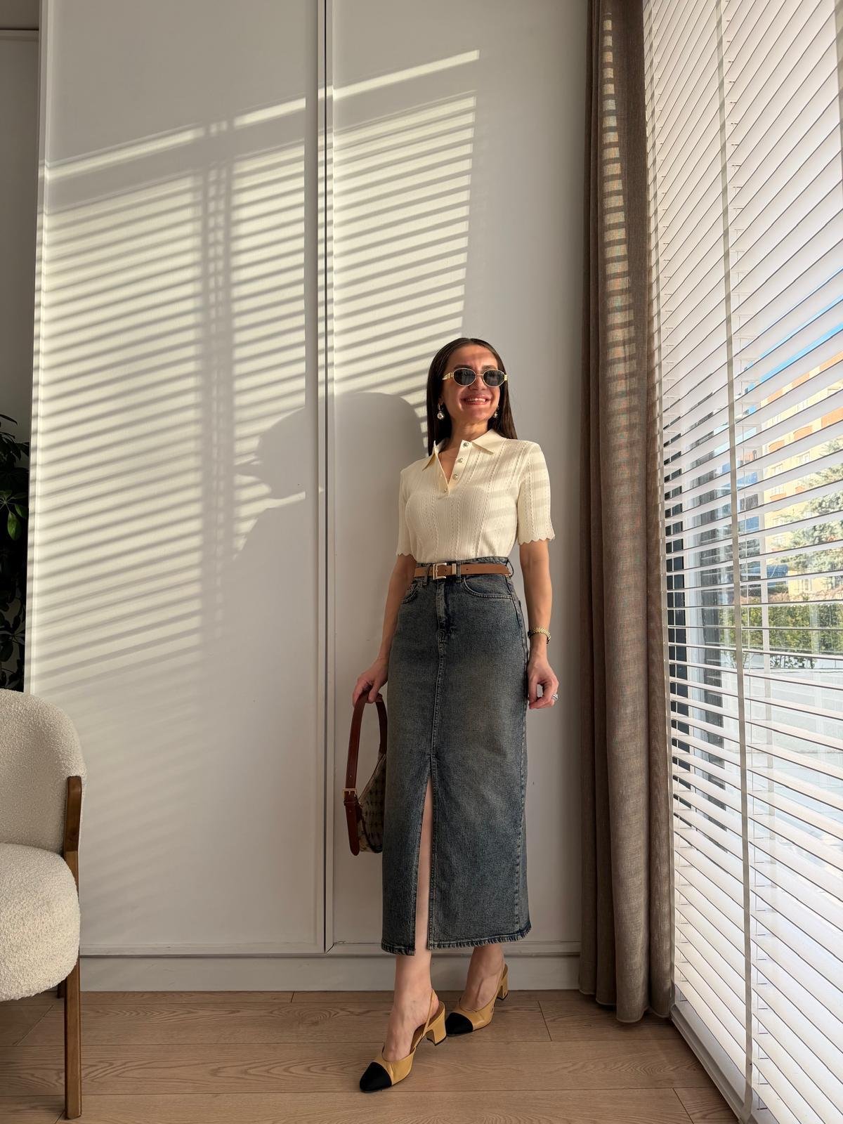 Mavi Tint Ön Yırtmaçlı Detaylı Denim Etek 0762