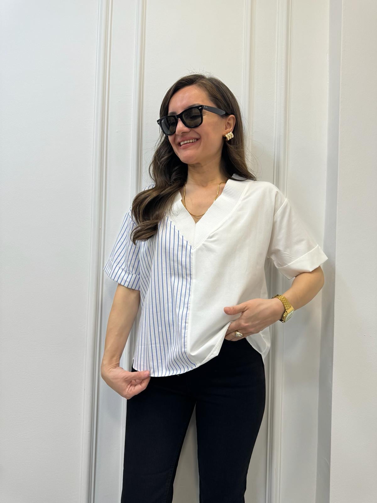 Mavi V Yaka Çizgili Bluz 28382