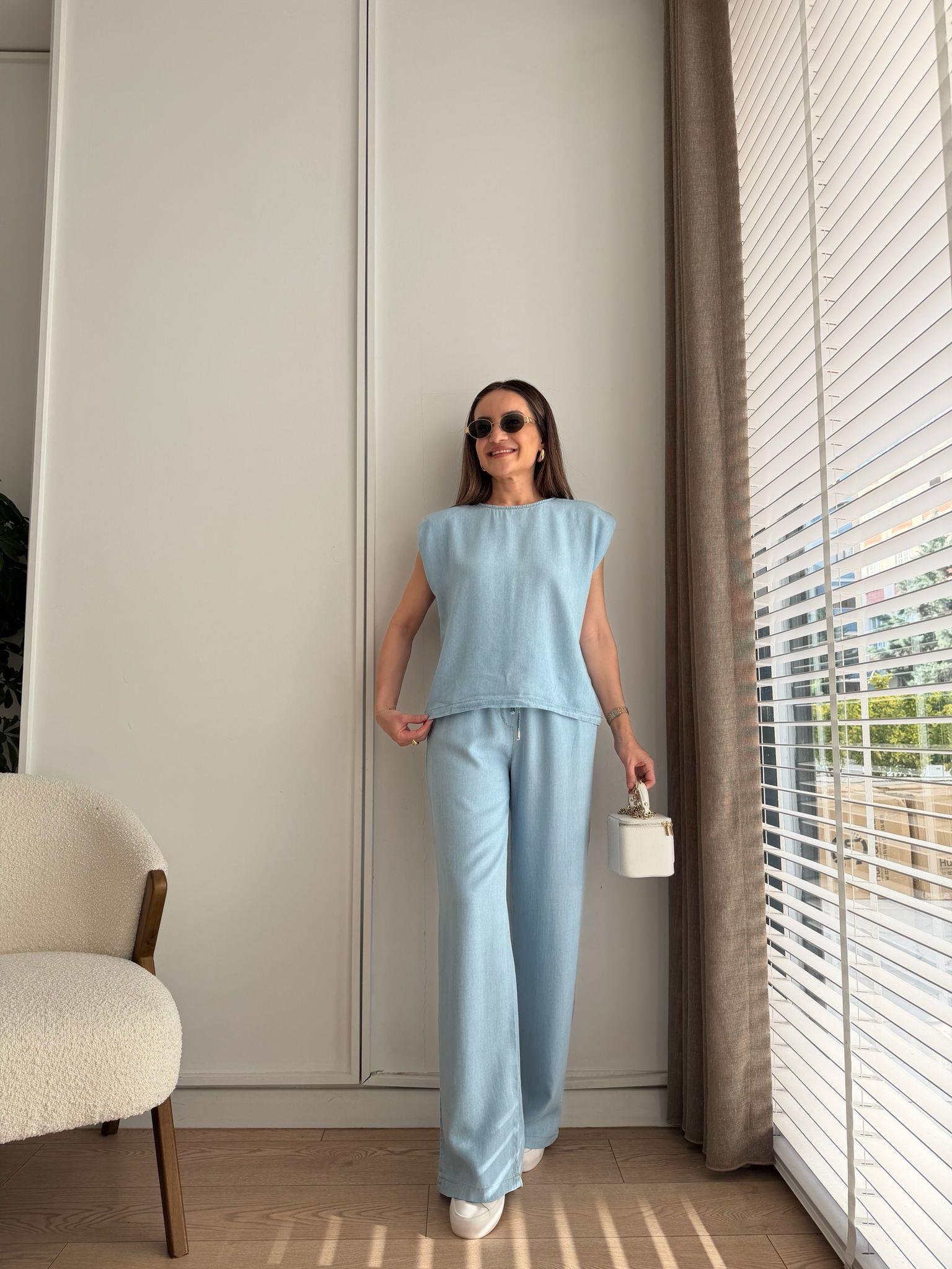 Mavi Vatkalı Denim Bluz Pantolon Takım 37358