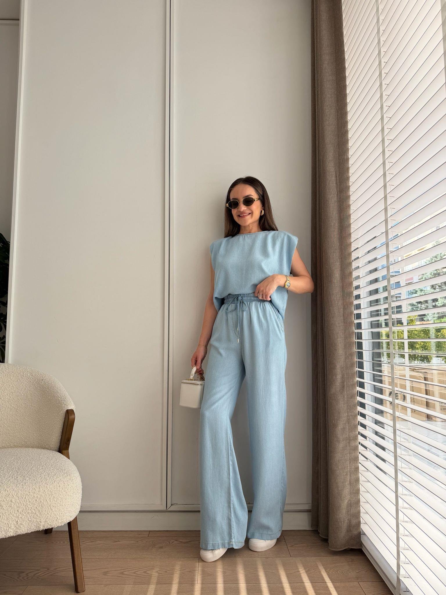 Mavi Vatkalı Denim Bluz Pantolon Takım 37358
