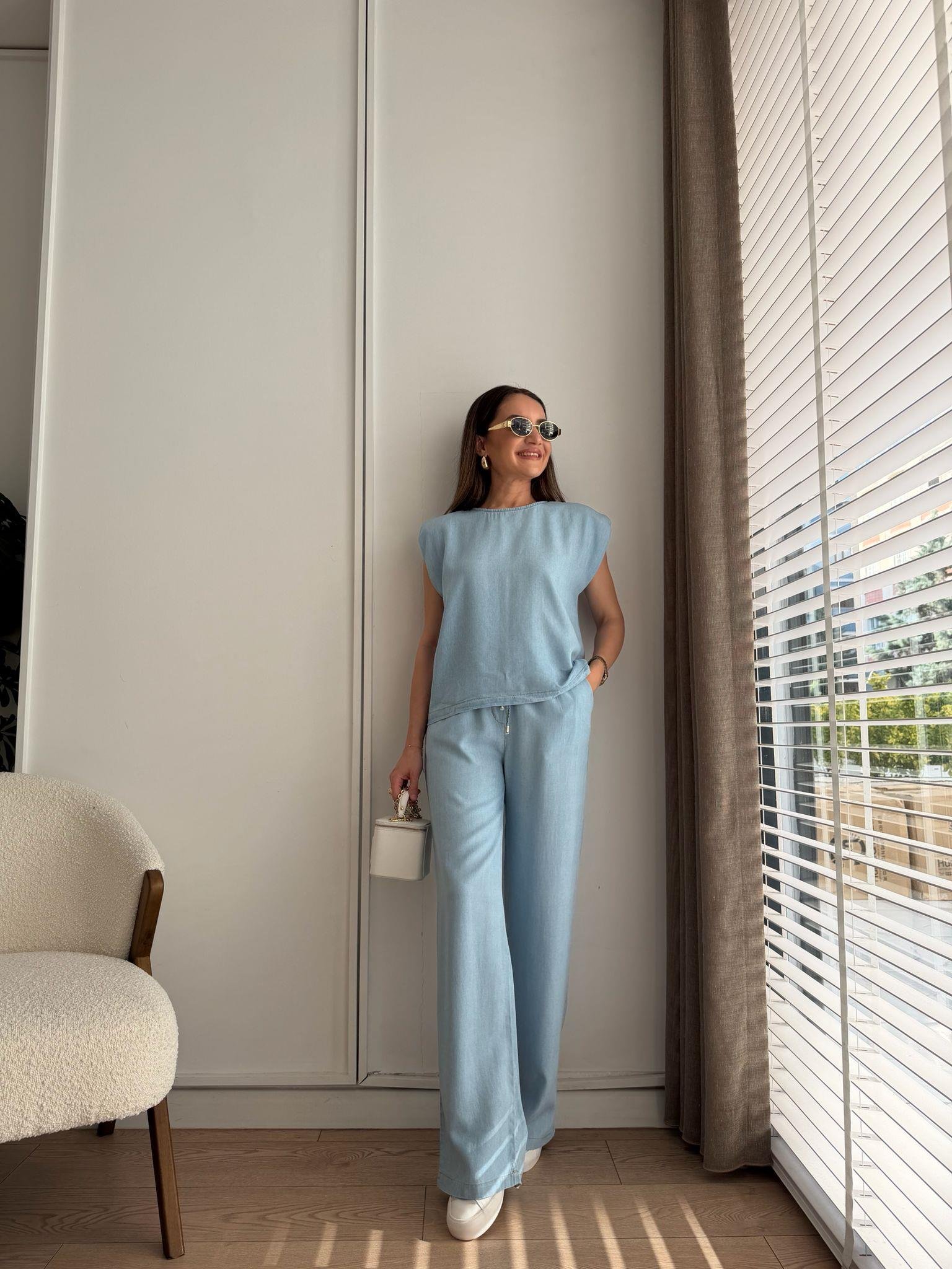 Mavi Vatkalı Denim Bluz Pantolon Takım 37358