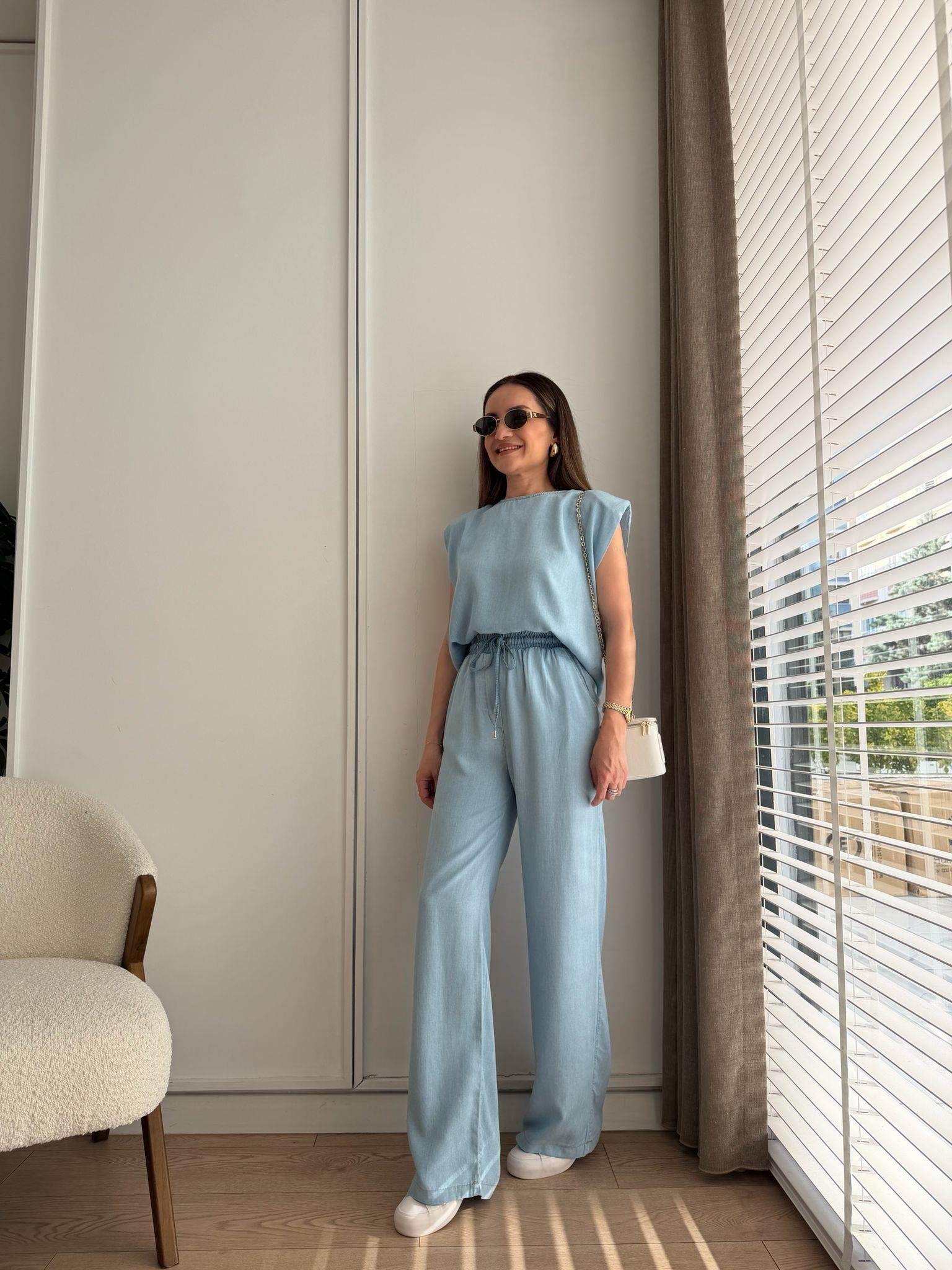 Mavi Vatkalı Denim Bluz Pantolon Takım 37358