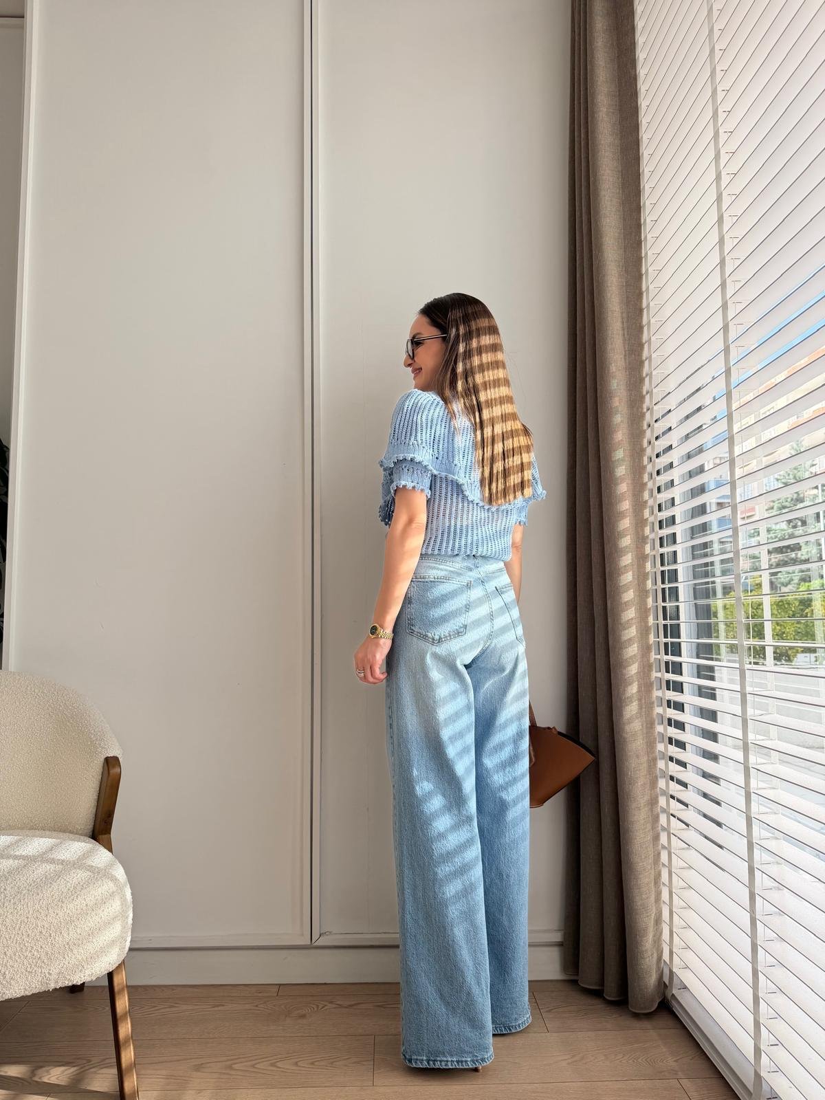 Mavi Yüksek Bel Kemerli Palazzo Jean 261029