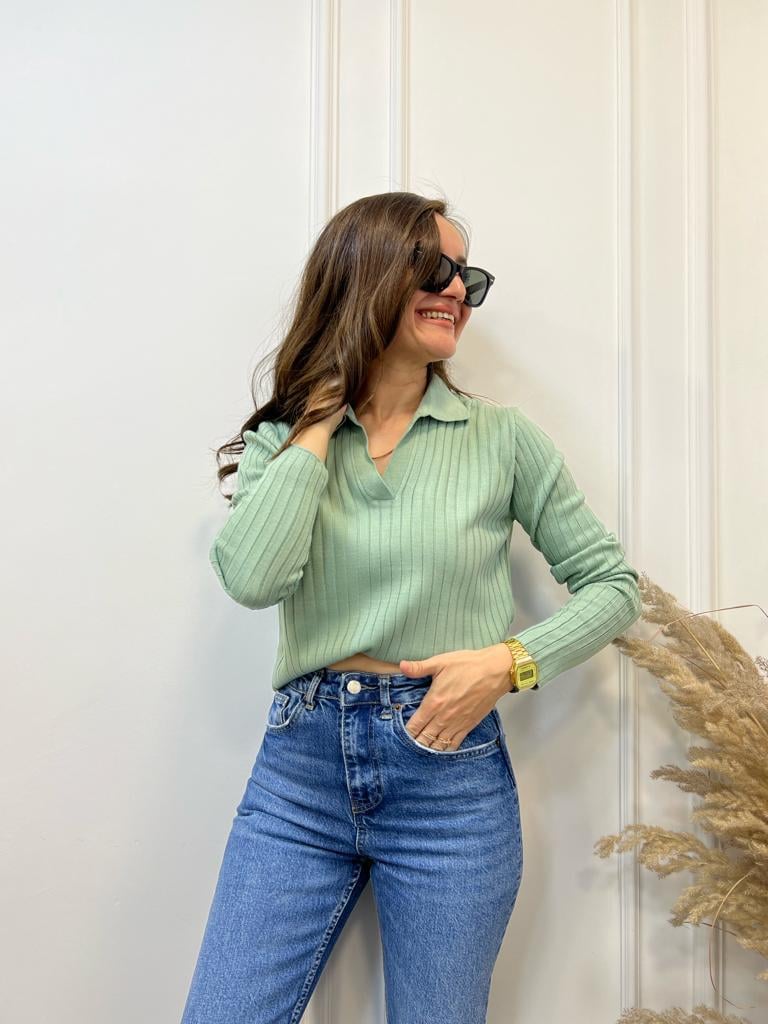 Mint Polo Yaka Çizgili Triko Bluz 3243