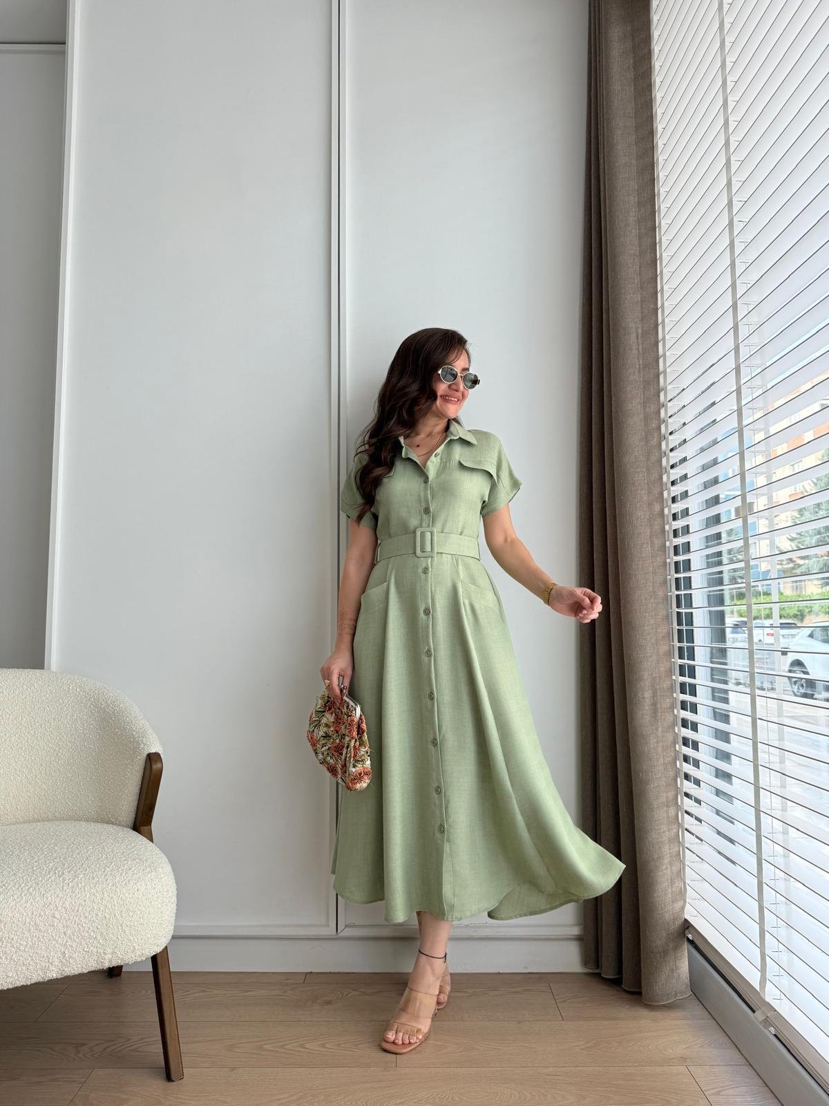 Mint yeşili Cepli Kemerli Midi boy Gömlek Elbise 5153