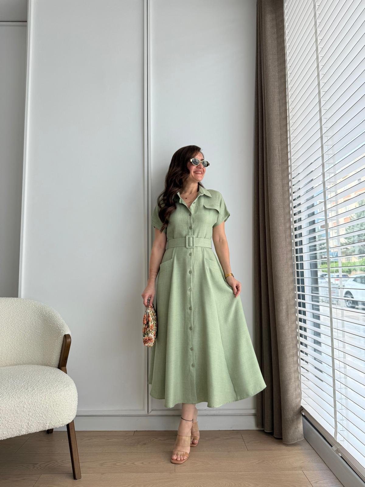 Mint yeşili Cepli Kemerli Midi boy Gömlek Elbise 5153