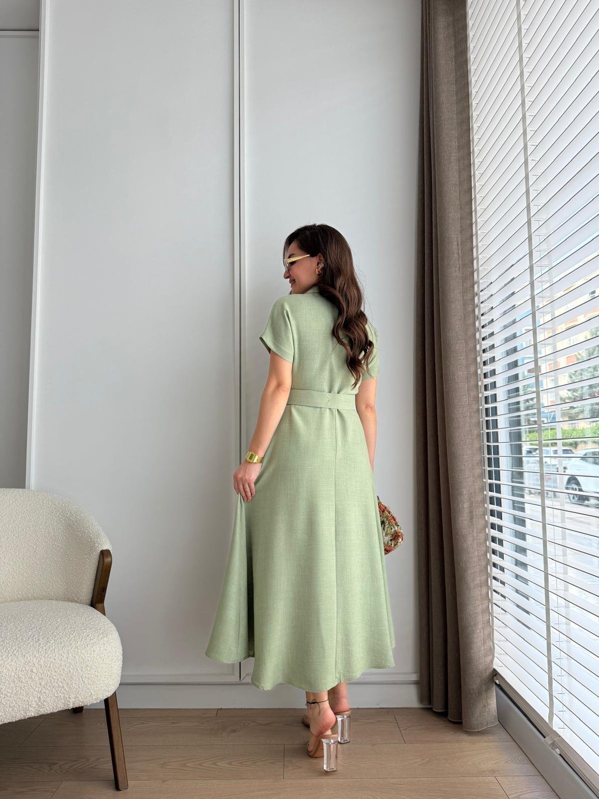 Mint yeşili Cepli Kemerli Midi boy Gömlek Elbise 5153