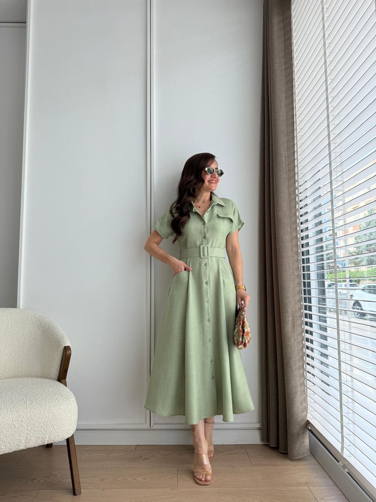 Mint yeşili Cepli Kemerli Midi boy Gömlek Elbise 5153