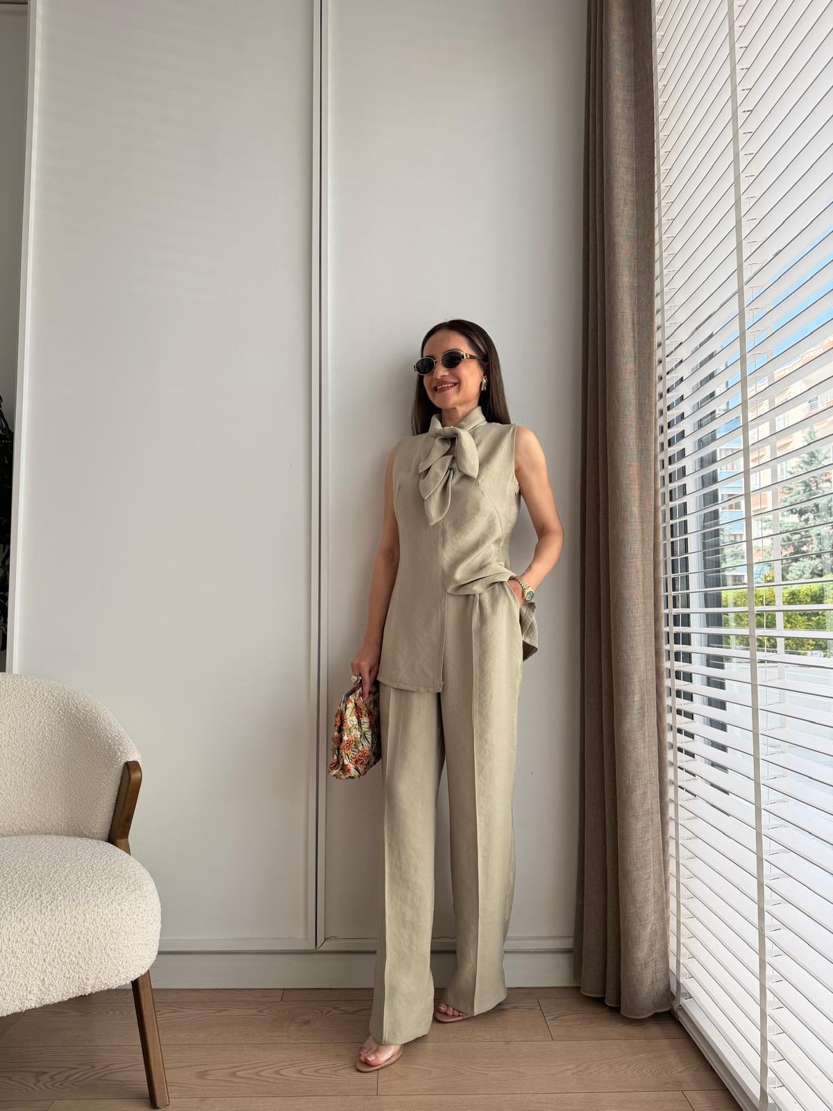 Mint yeşili Fiyonklu Bluz Pantolon Tensel Takım 9030