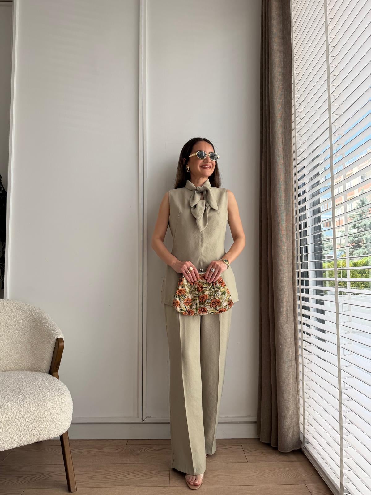 Mint yeşili Fiyonklu Bluz Pantolon Tensel Takım 9030