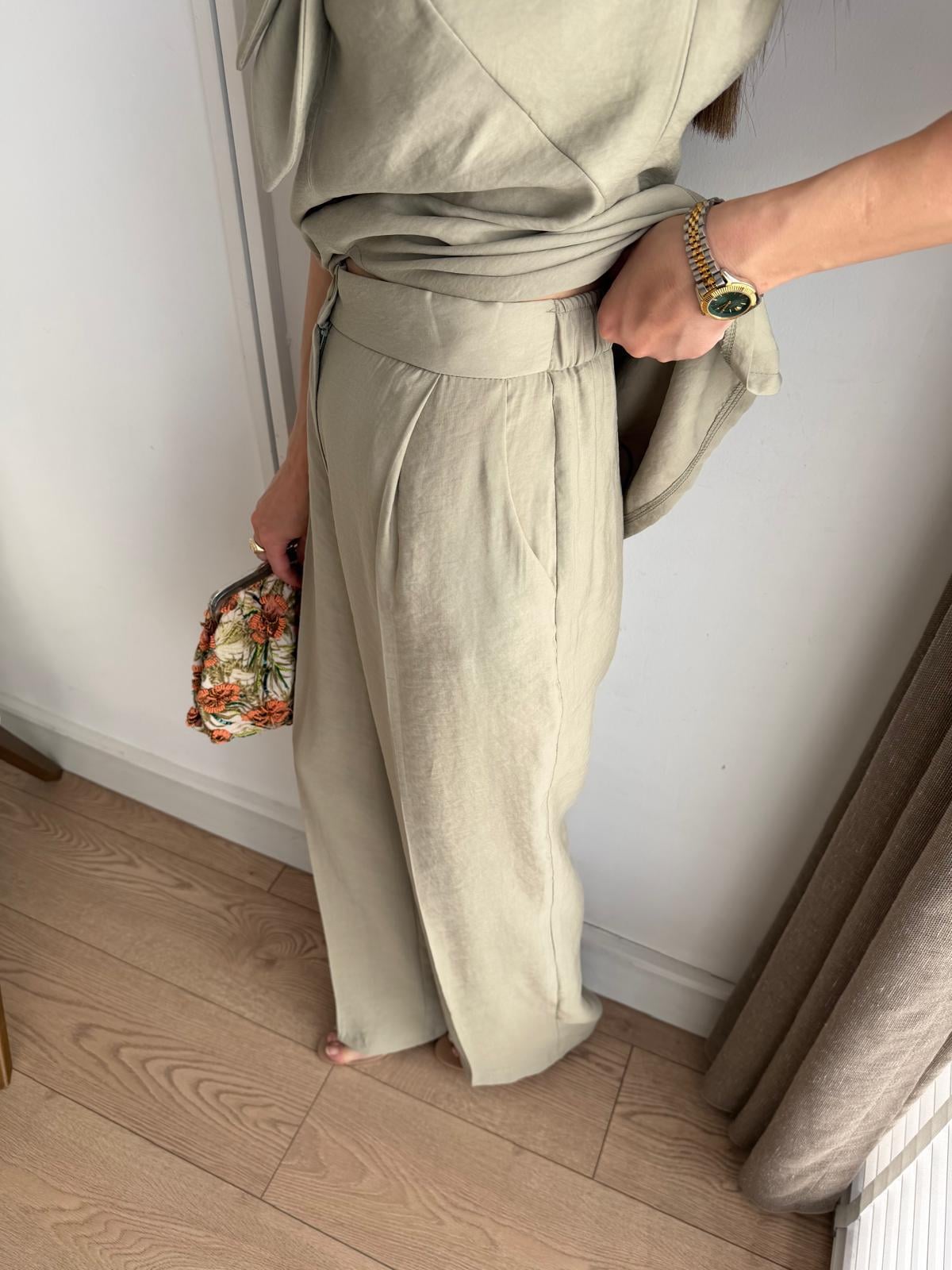 Mint yeşili Fiyonklu Bluz Pantolon Tensel Takım 9030