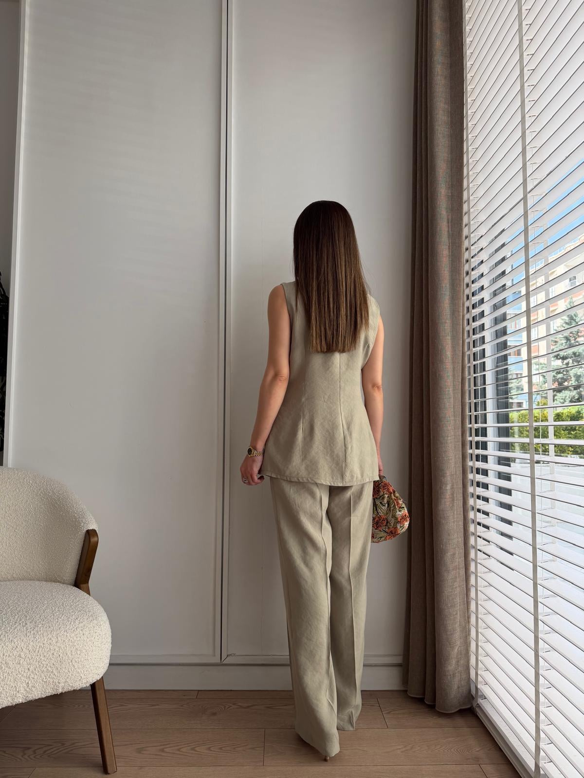 Mint yeşili Fiyonklu Bluz Pantolon Tensel Takım 9030