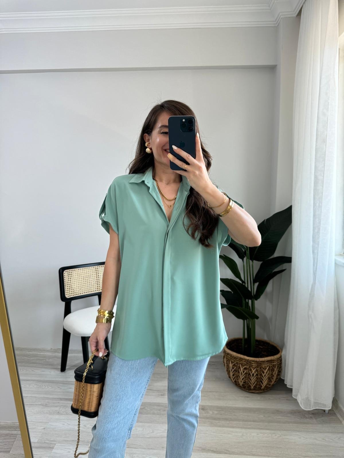 Mint yeşili Omuz Detaylı Kolsuz Gömlek 504