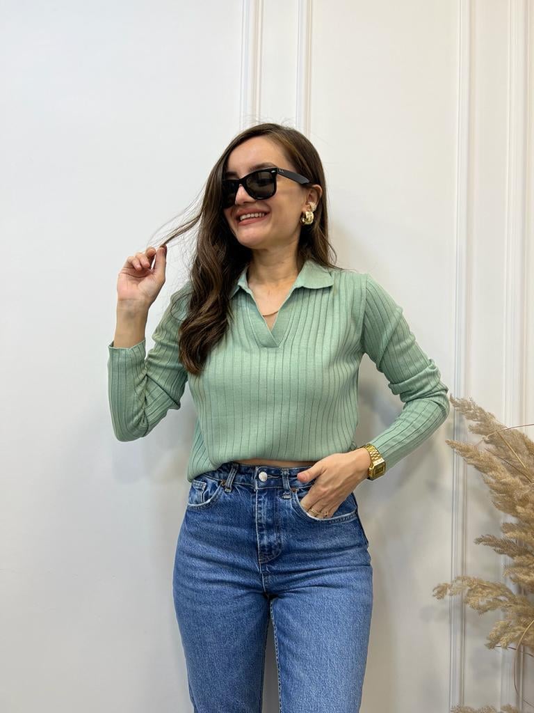 Mint yeşili Polo Yaka Fitilli Triko Bluz 3243