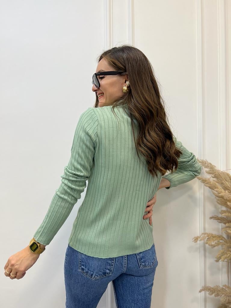 Mint yeşili Polo Yaka Fitilli Triko Bluz 3243