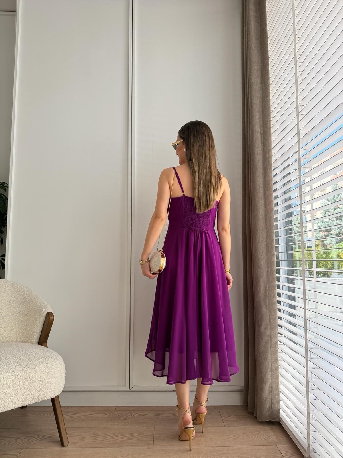 Mor Degaje Yaka Askılı Şifon Elbise 5153