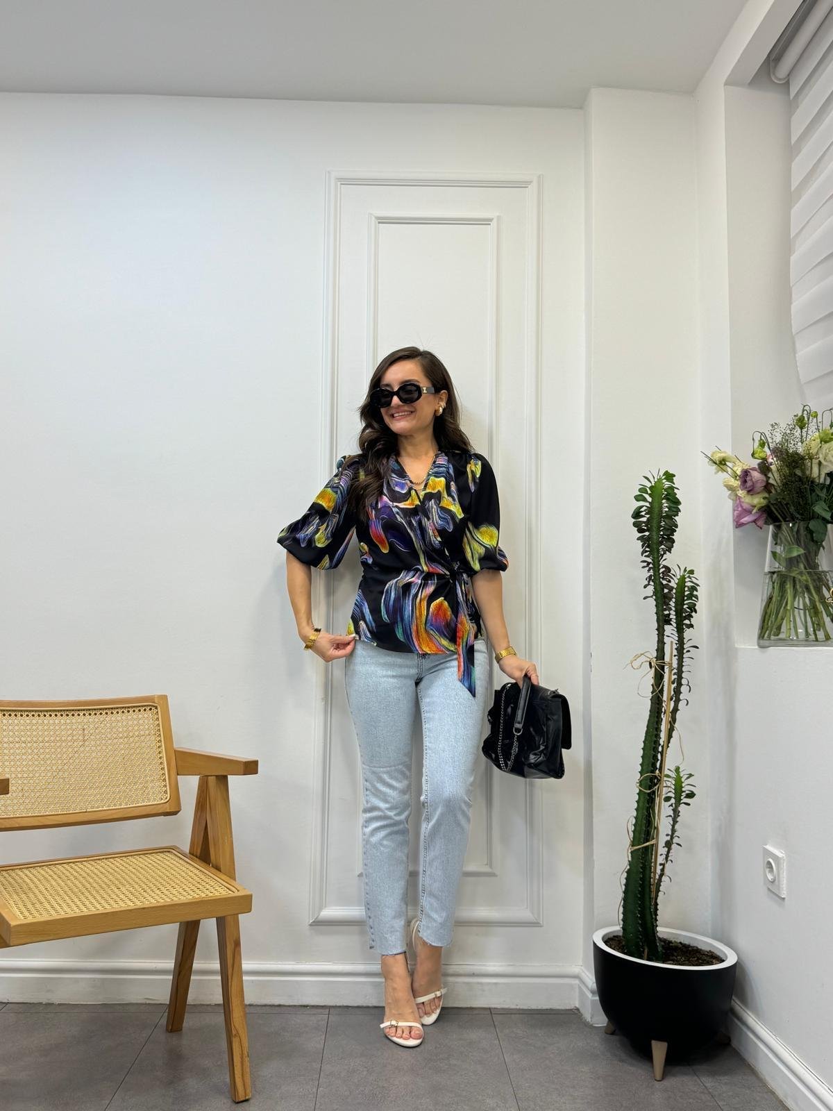 Mor Desenli Yan Bağlamalı Bluz 1210