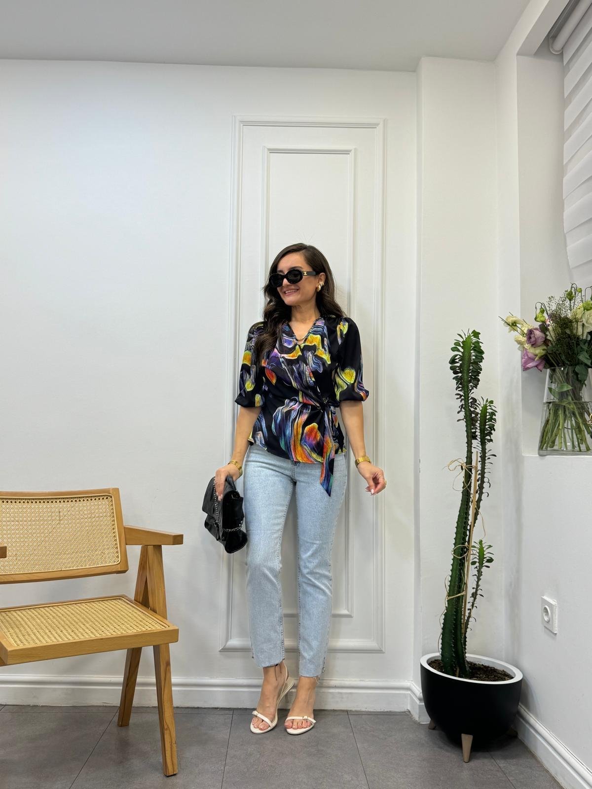 Mor Desenli Yan Bağlamalı Bluz 1210