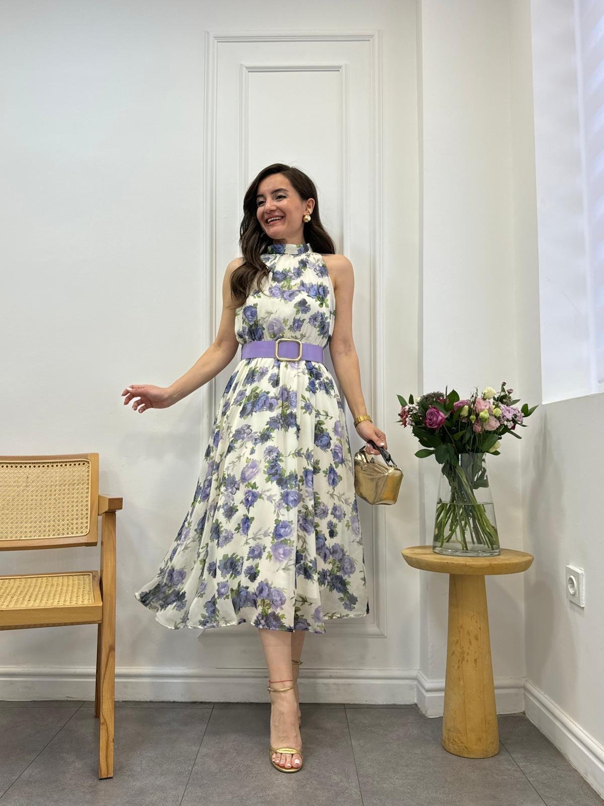 Mor Halter Yaka Bel Lastikli Kemerli Elbise 3432