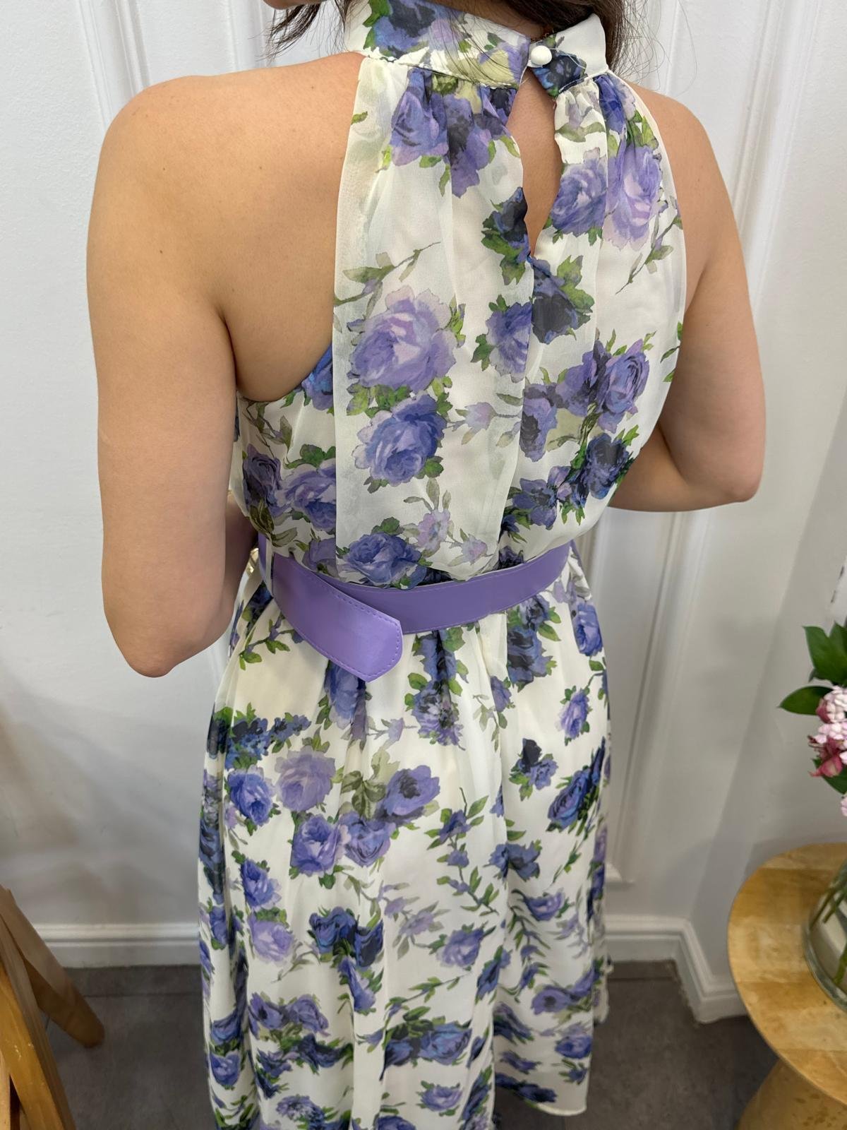 Mor Halter Yaka Bel Lastikli Kemerli Elbise 3432