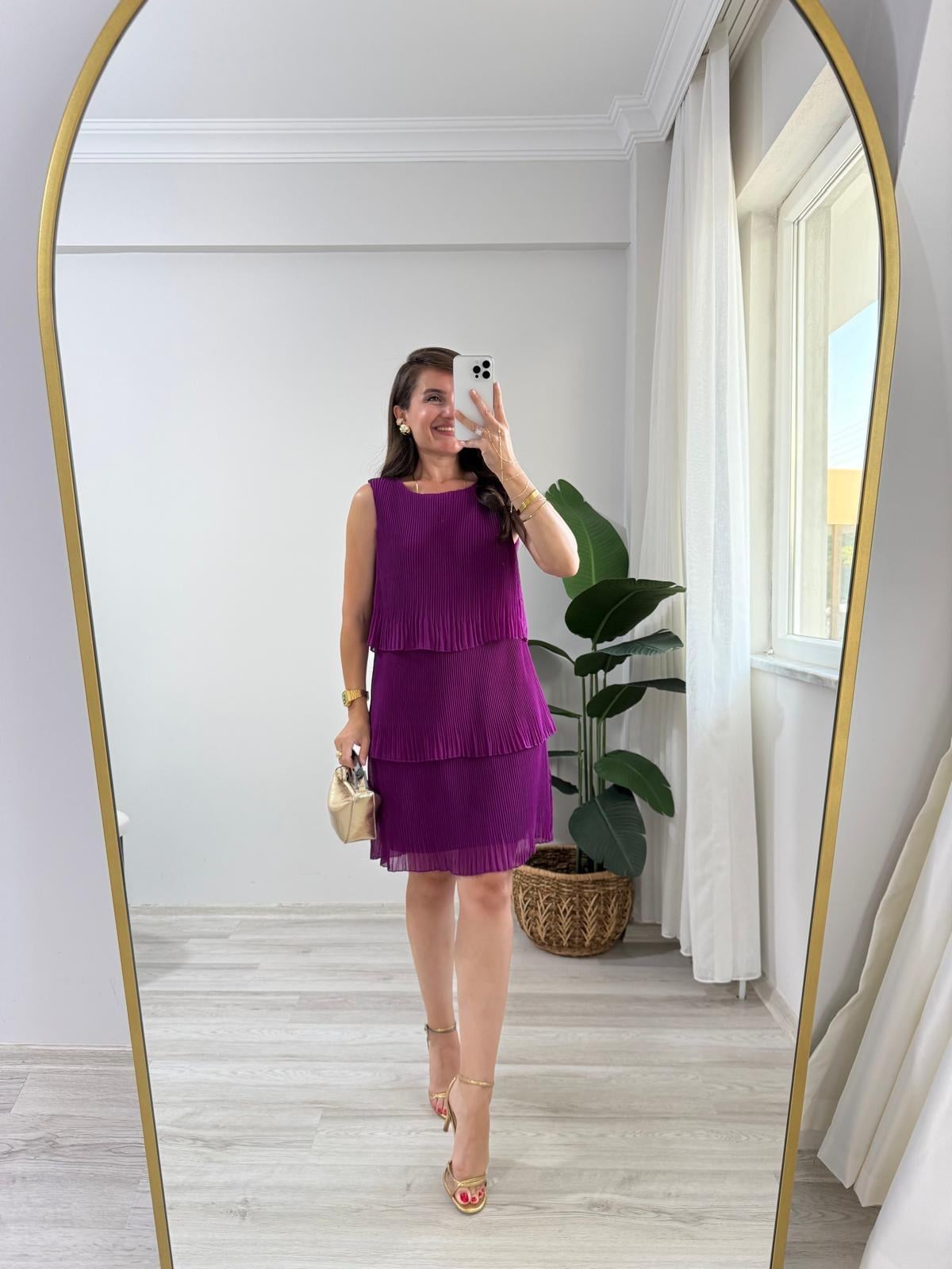 Mor İnce Piliseli Katlı Şifon Elbise 2627