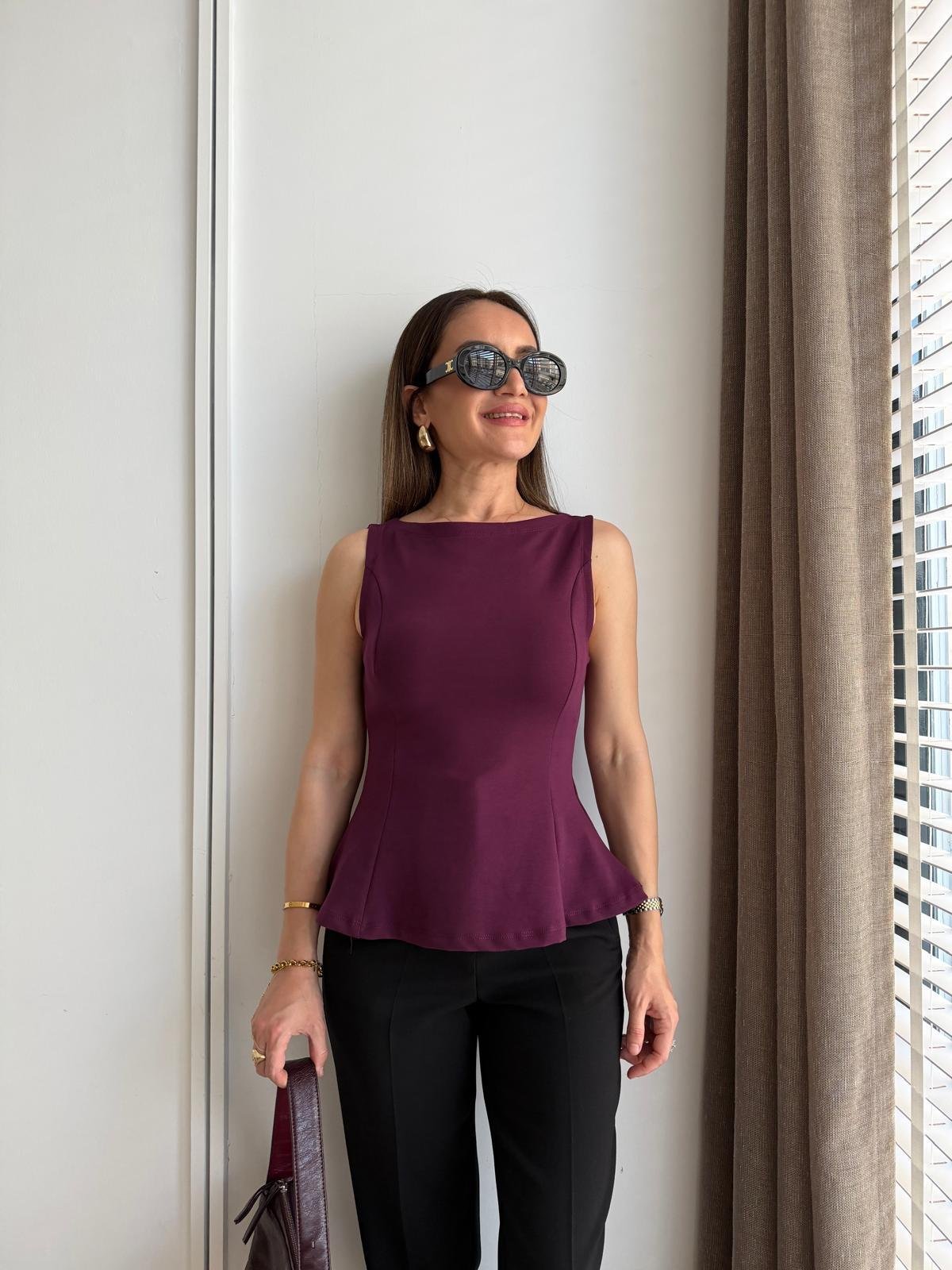 Mor Kayık Yaka Peplum Bluz 21001