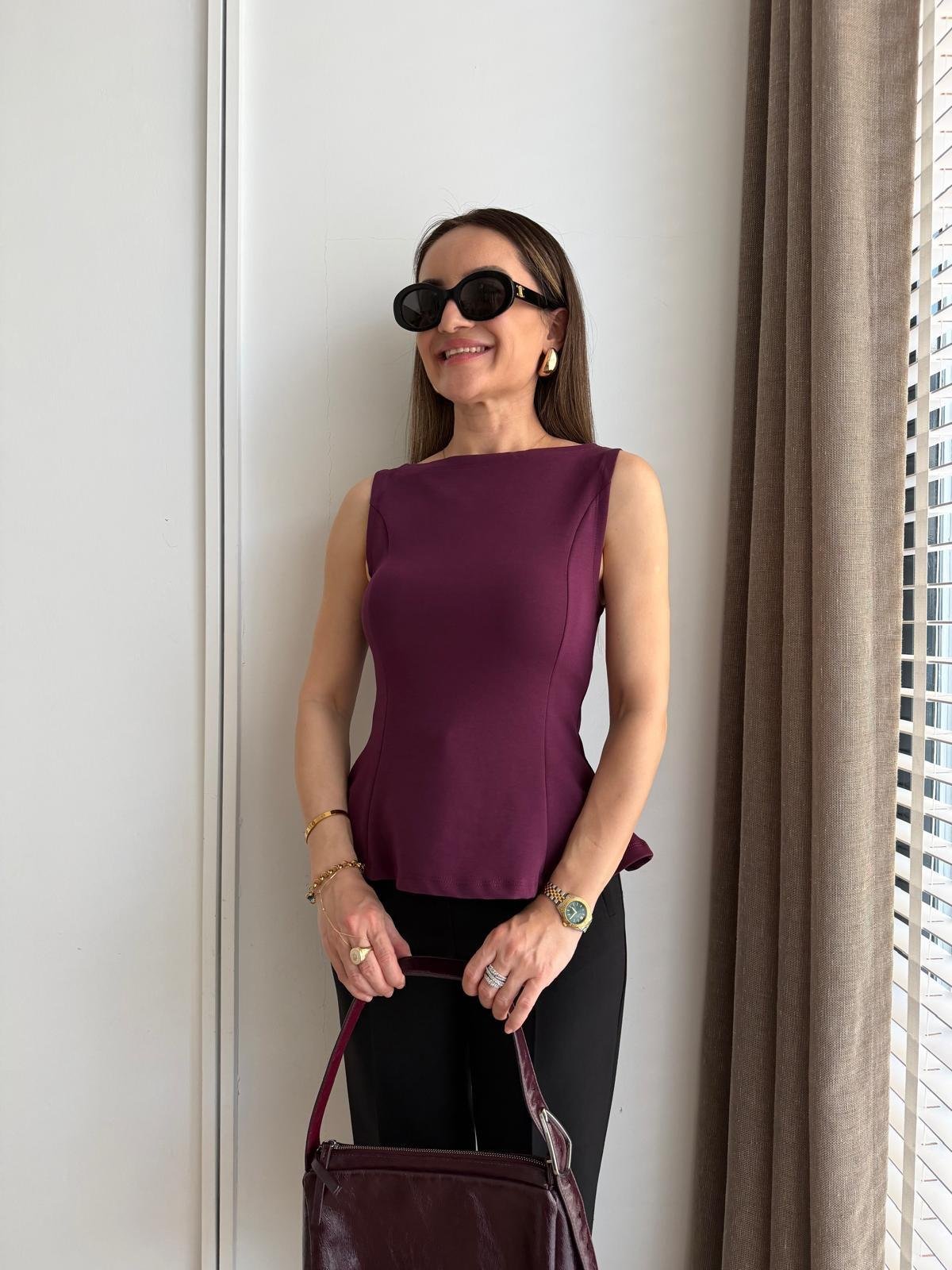 Mor Kayık Yaka Peplum Bluz 21001