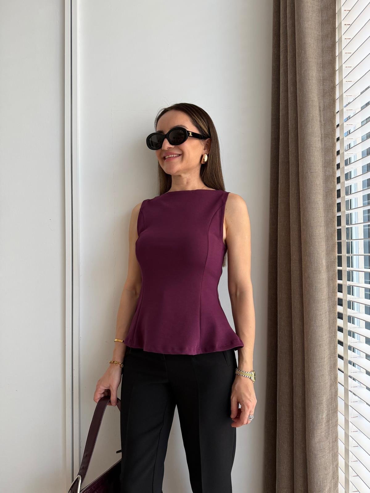 Mor Kayık Yaka Peplum Bluz 21001
