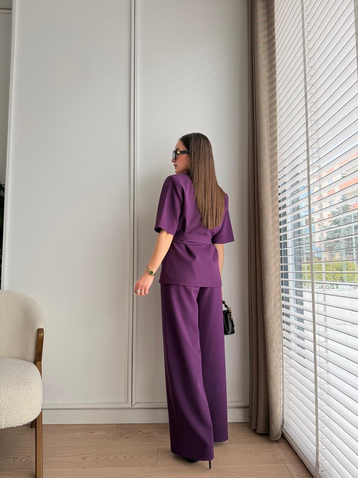 Mor Kısa Kollu Kemerli Ceket Pantolon Takım 9502