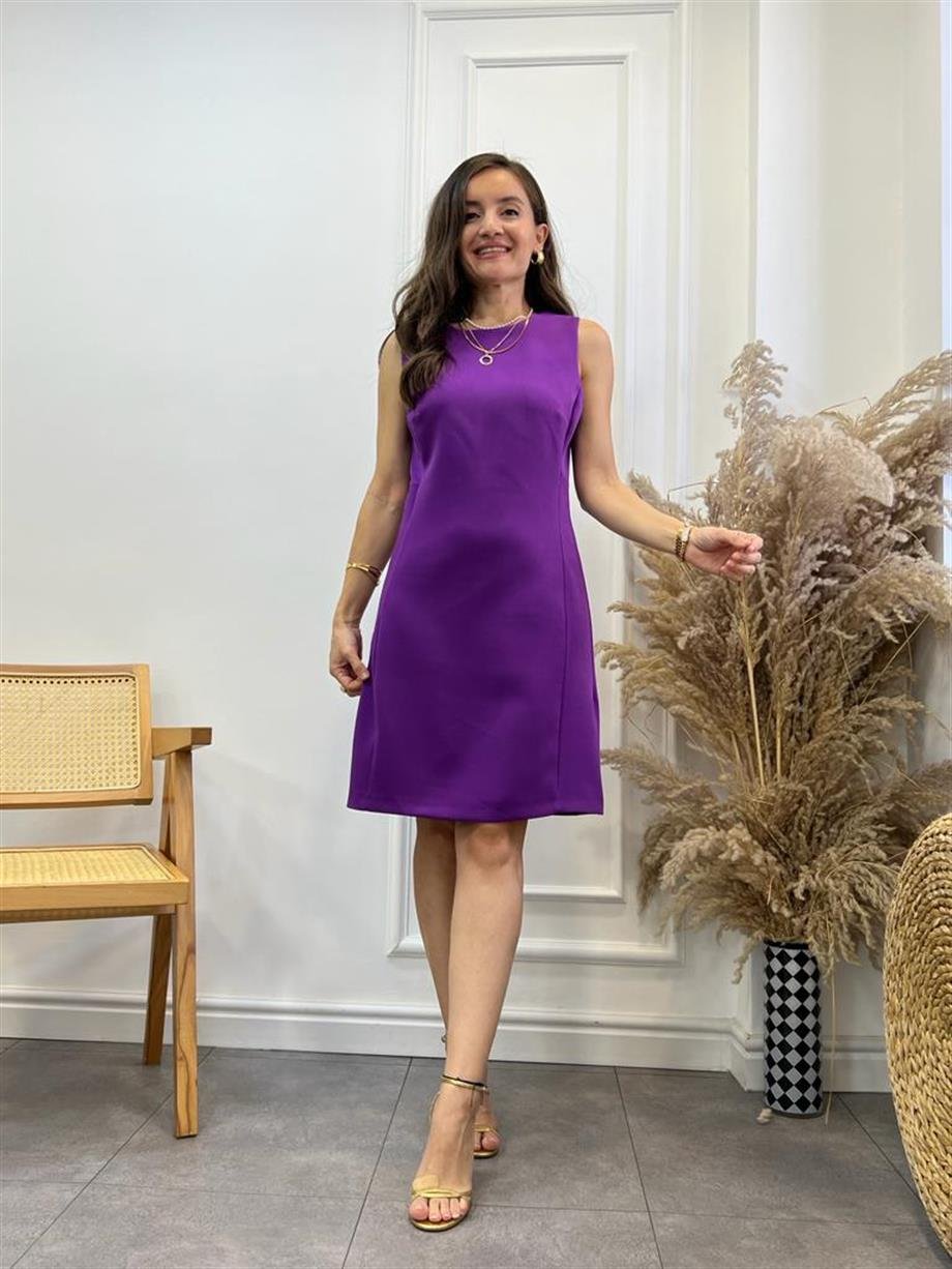 Mor Krep Kumaş Basic Kalem Elbise 5776