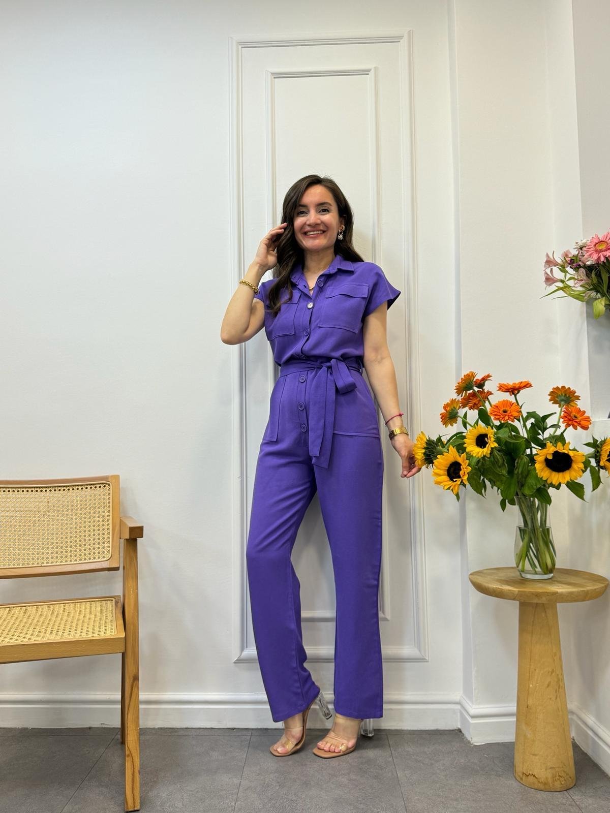 Mor Kuşaklı Keten Tulum 2980