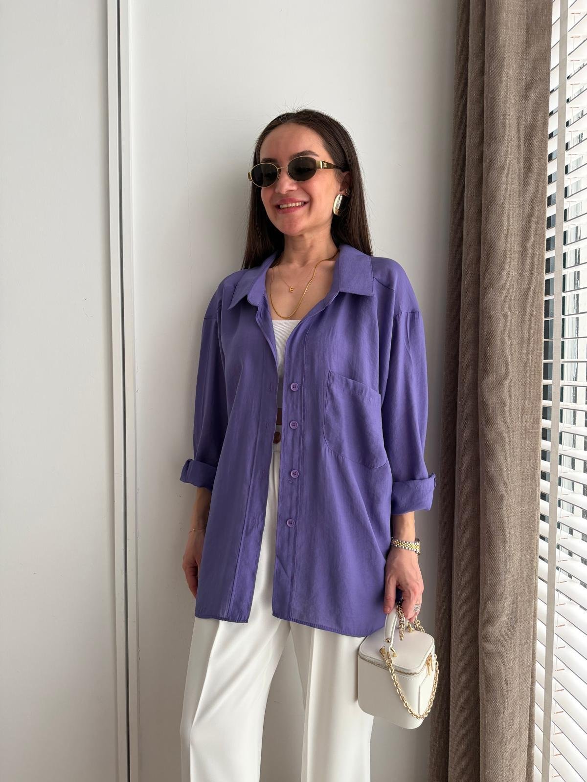 Mor Lüx Kalite Oversize Gömlek 4612