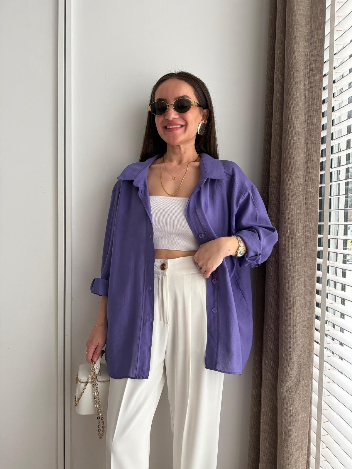 Mor Lüx Kalite Oversize Gömlek 4612