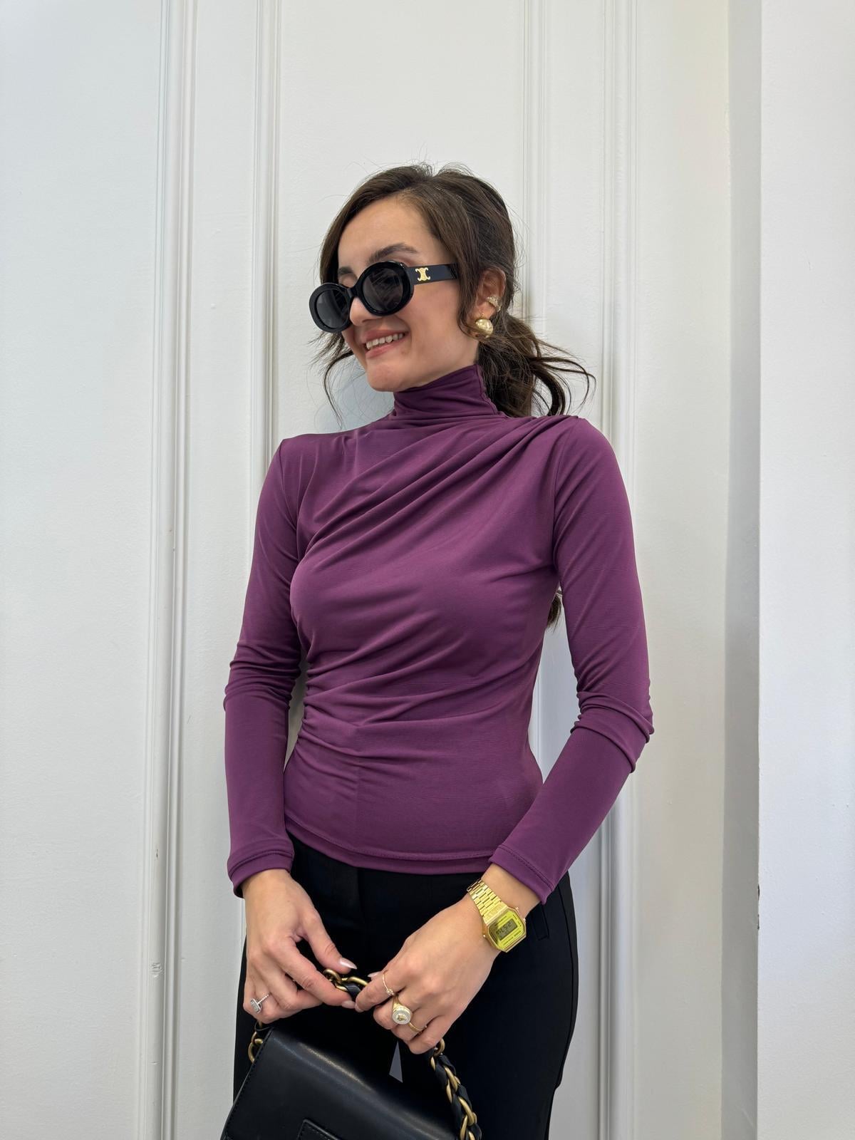 Mor Omuz Drape Detaylı Tasarım Bluz 7043