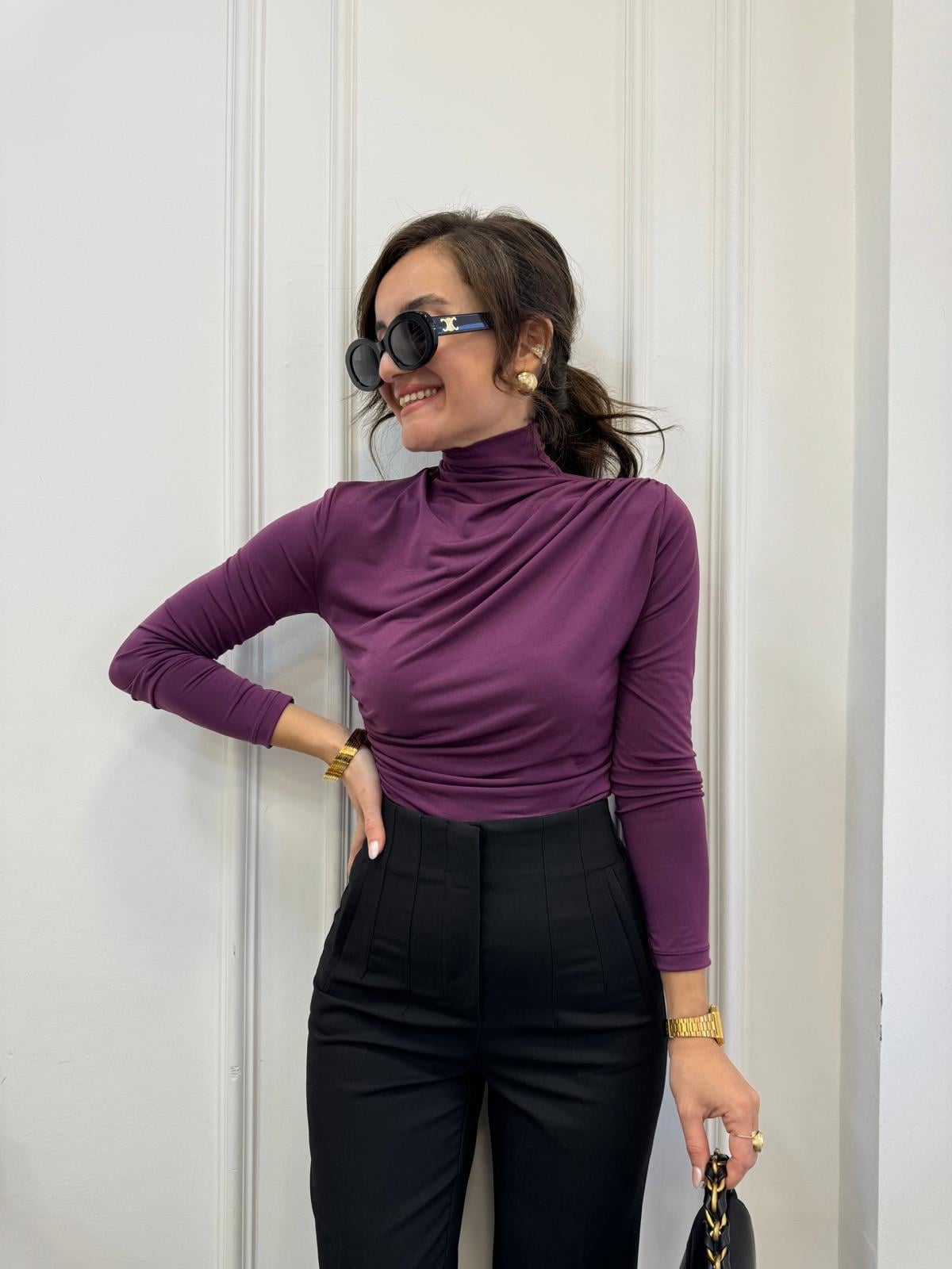 Mor Omuz Drape Detaylı Tasarım Bluz 7043