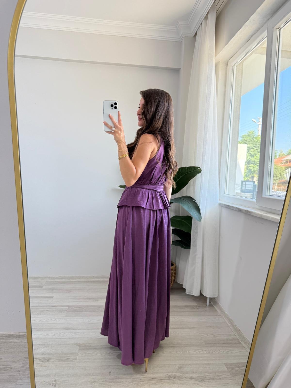 Mor Ön Toka Detaylı Halter Yaka Bluz Etek Takım 906234