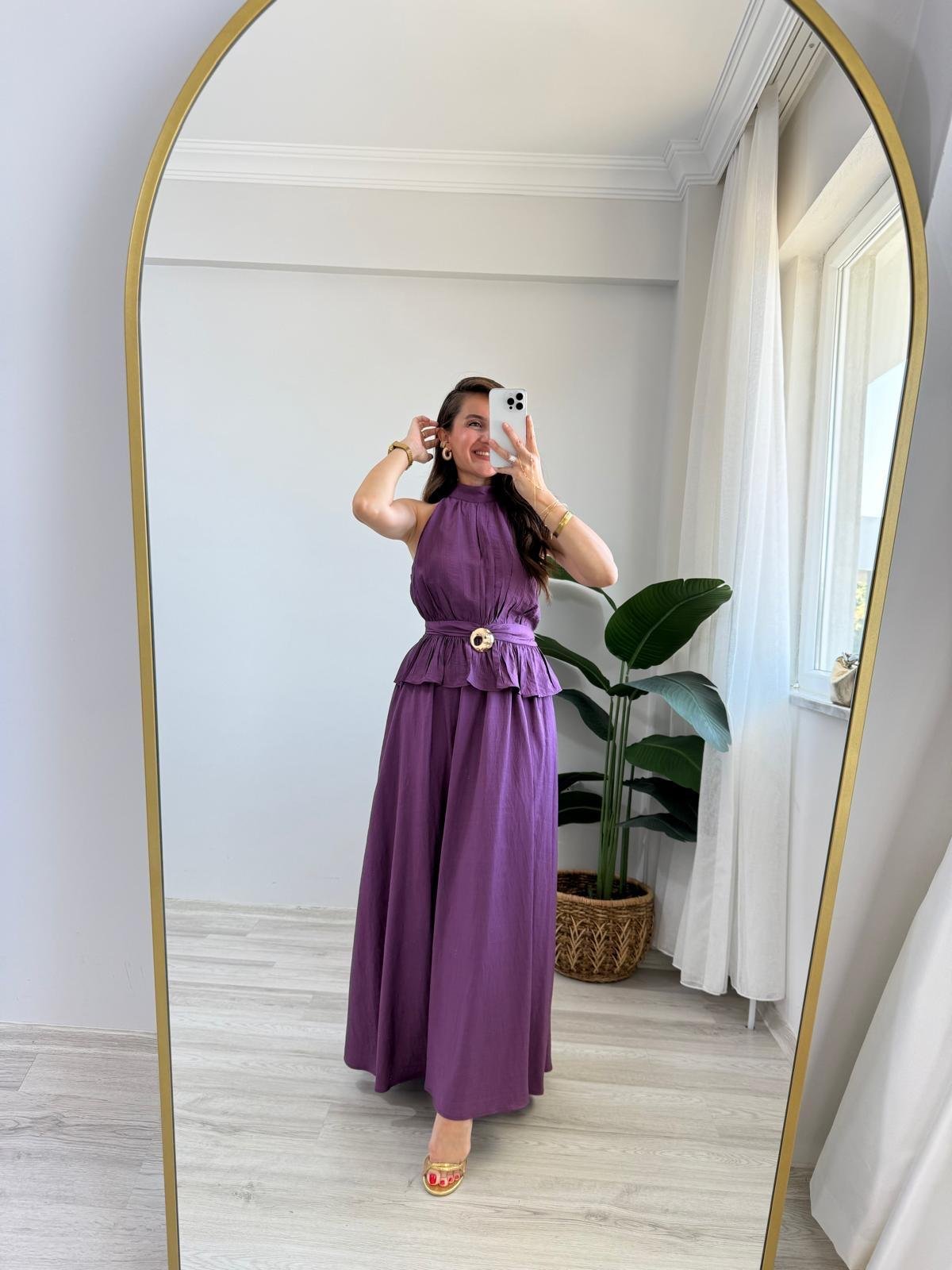 Mor Ön Toka Detaylı Halter Yaka Bluz Etek Takım 906234