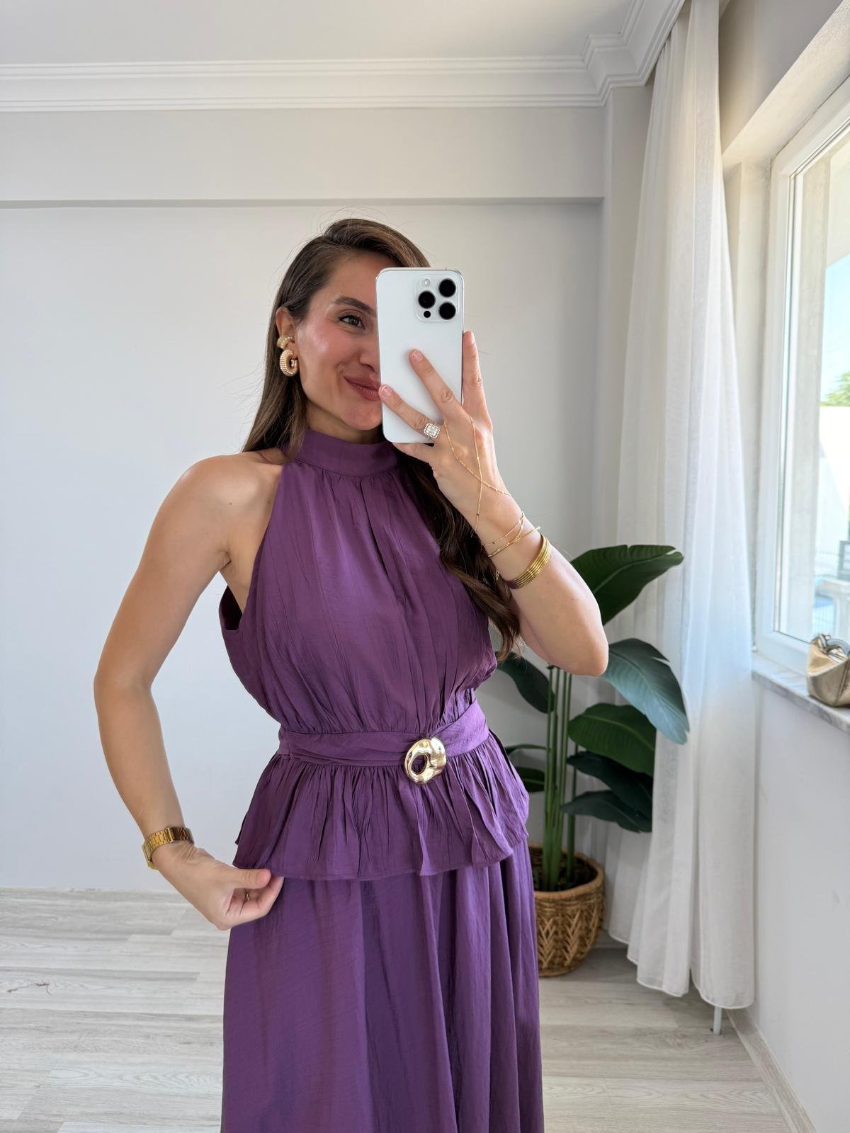 Mor Ön Toka Detaylı Halter Yaka Bluz Etek Takım 906234