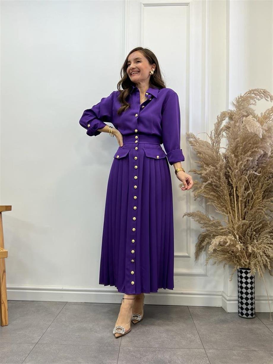 Mor Vatkalı Piliseli Tasarım Midi Boy Gömlek Elbise 296113