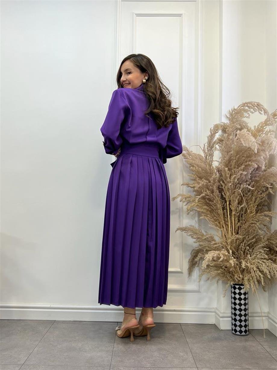 Mor Vatkalı Piliseli Tasarım Midi Boy Gömlek Elbise 296113