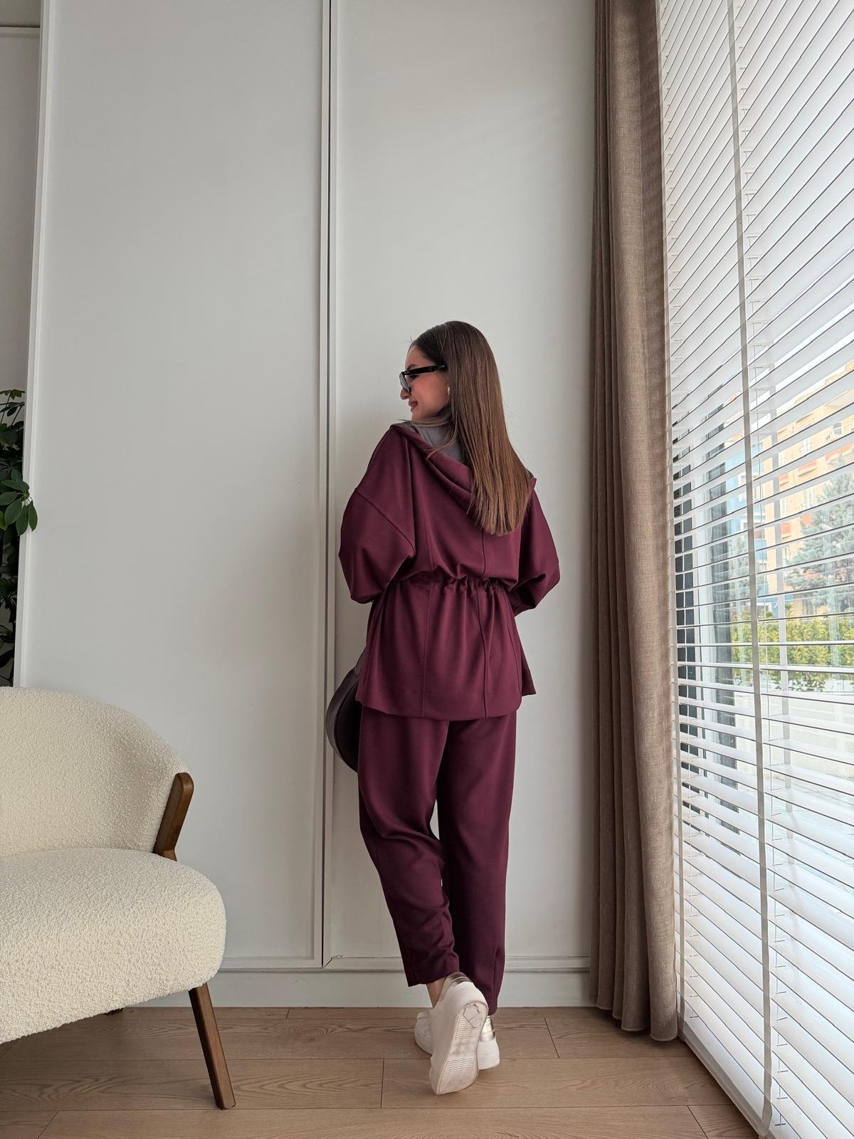 Mürdüm Bel Detaylı Kapüşonlu Modal Takım 2651