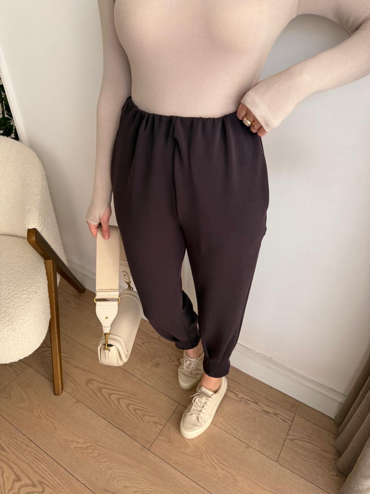 Mürdüm Bel Lastikli Paçası Büzgülü Pantolon 3072