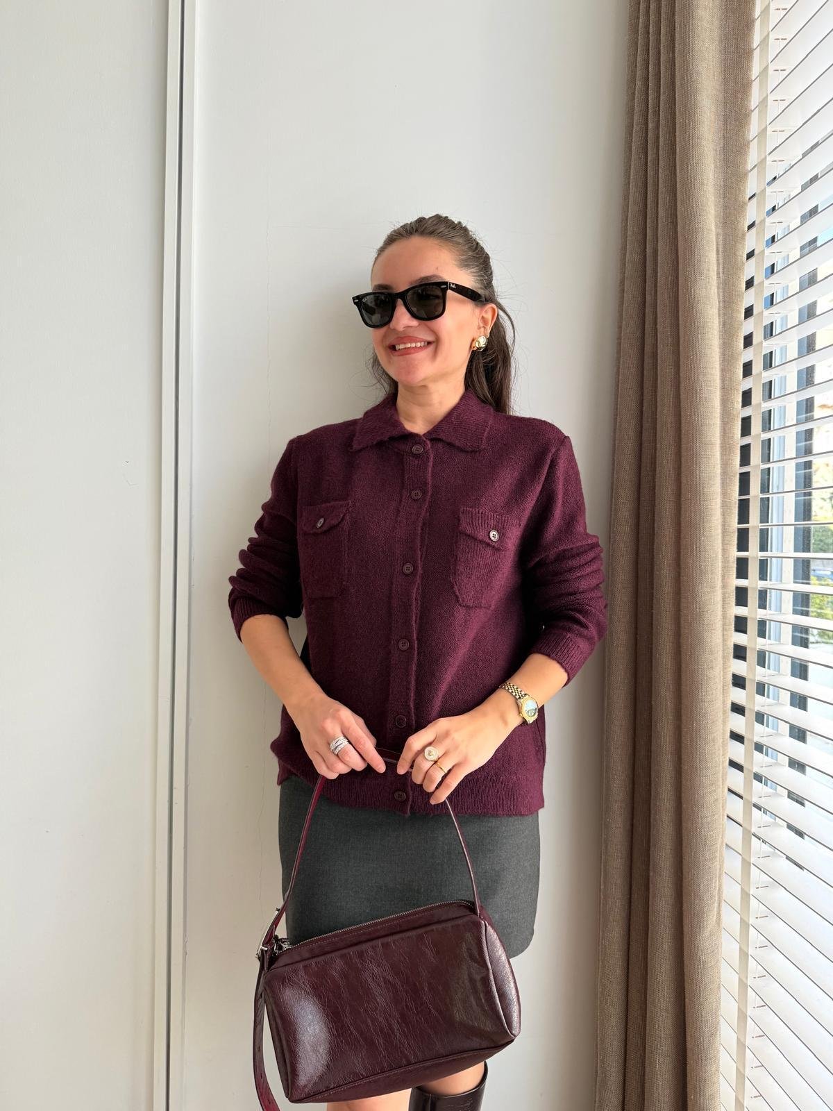 Mürdüm Cepli Triko Hırka 4787