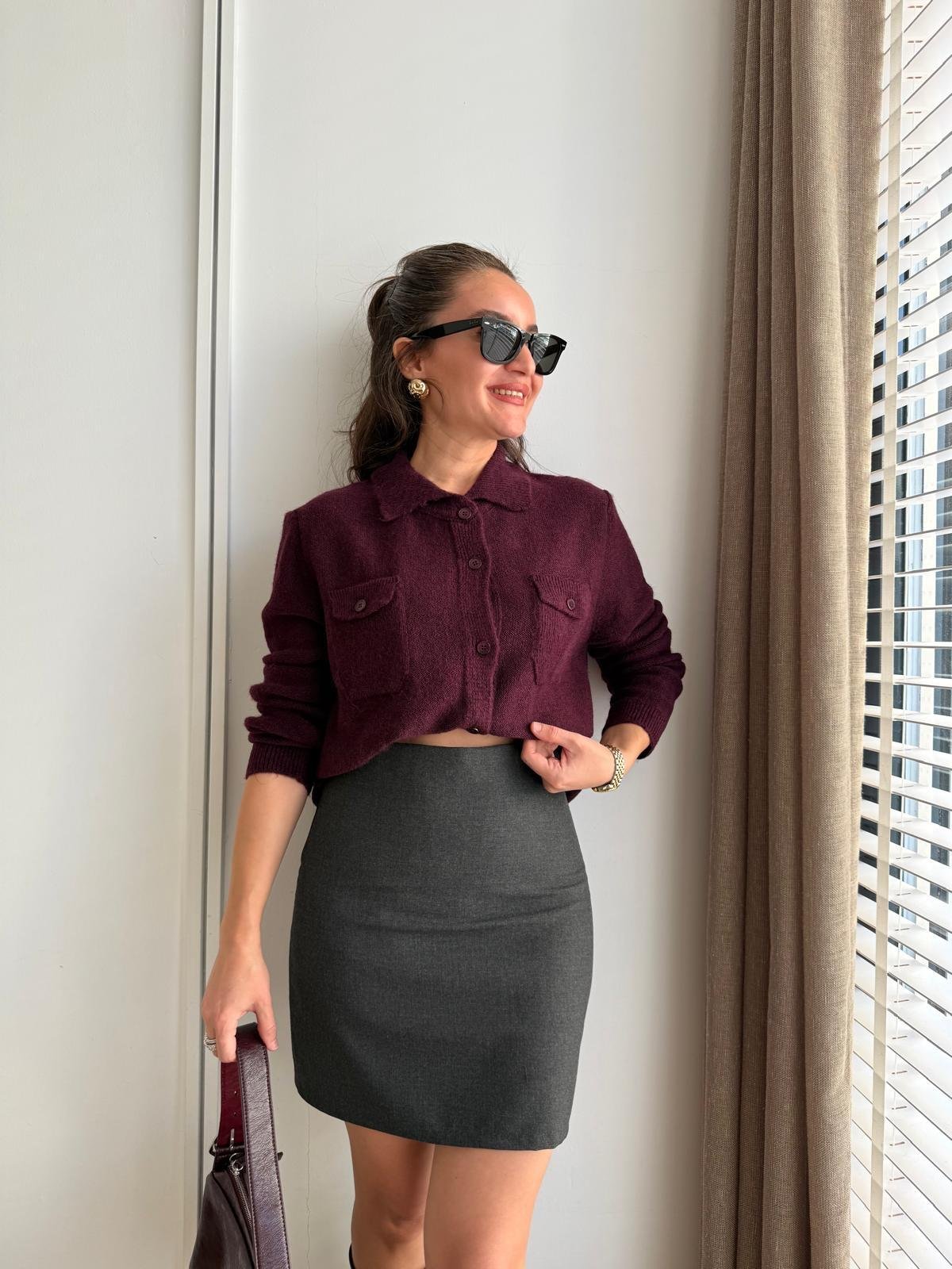 Mürdüm Cepli Triko Hırka 4787